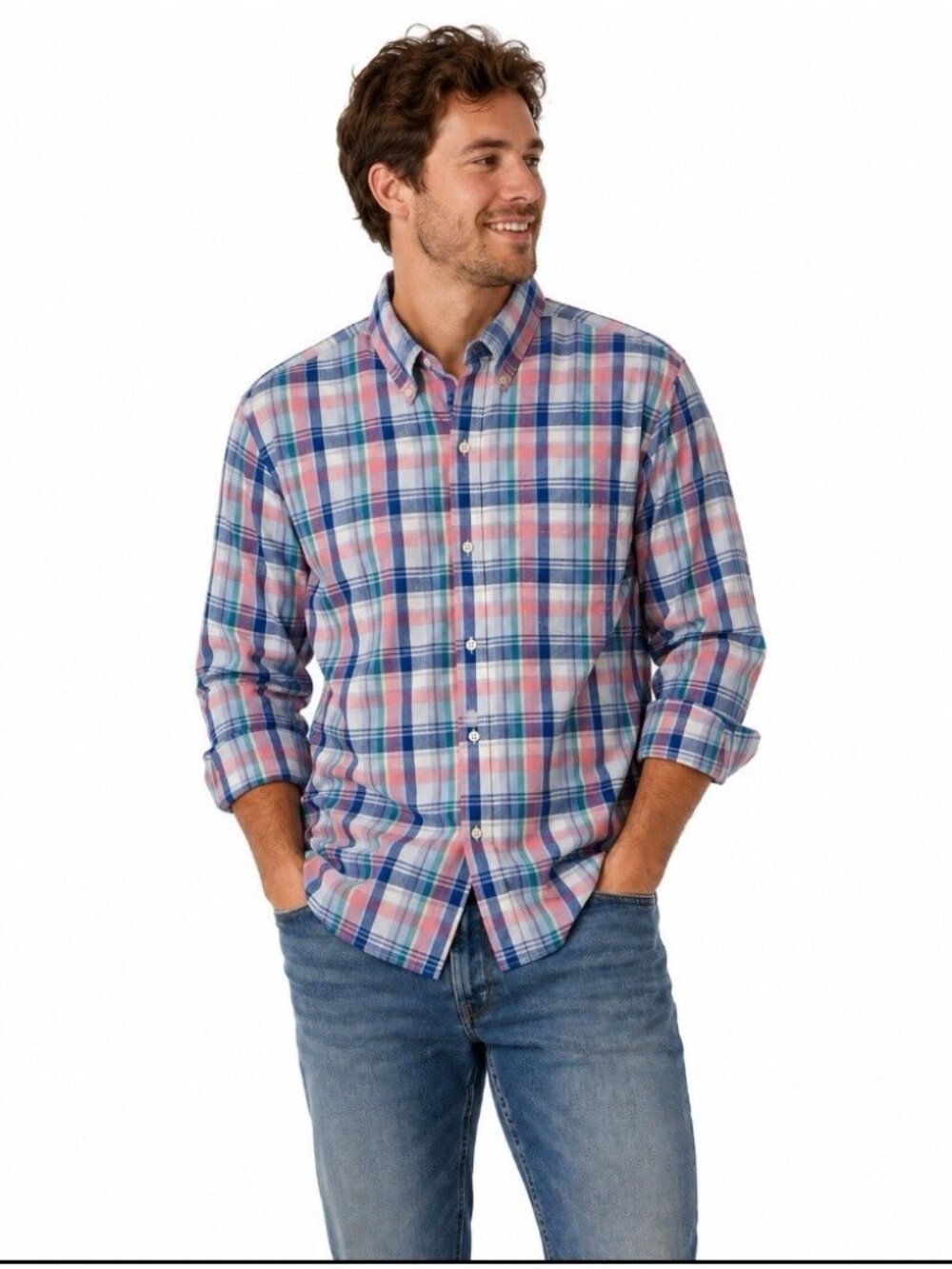 St Johns Bay Mens Shirt Sz M NEW Long sleeve Plaid Button Front Comfort Stretch